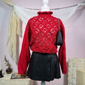 Vintage Red Crochet Knit Turtleneck Sweater – Oversized